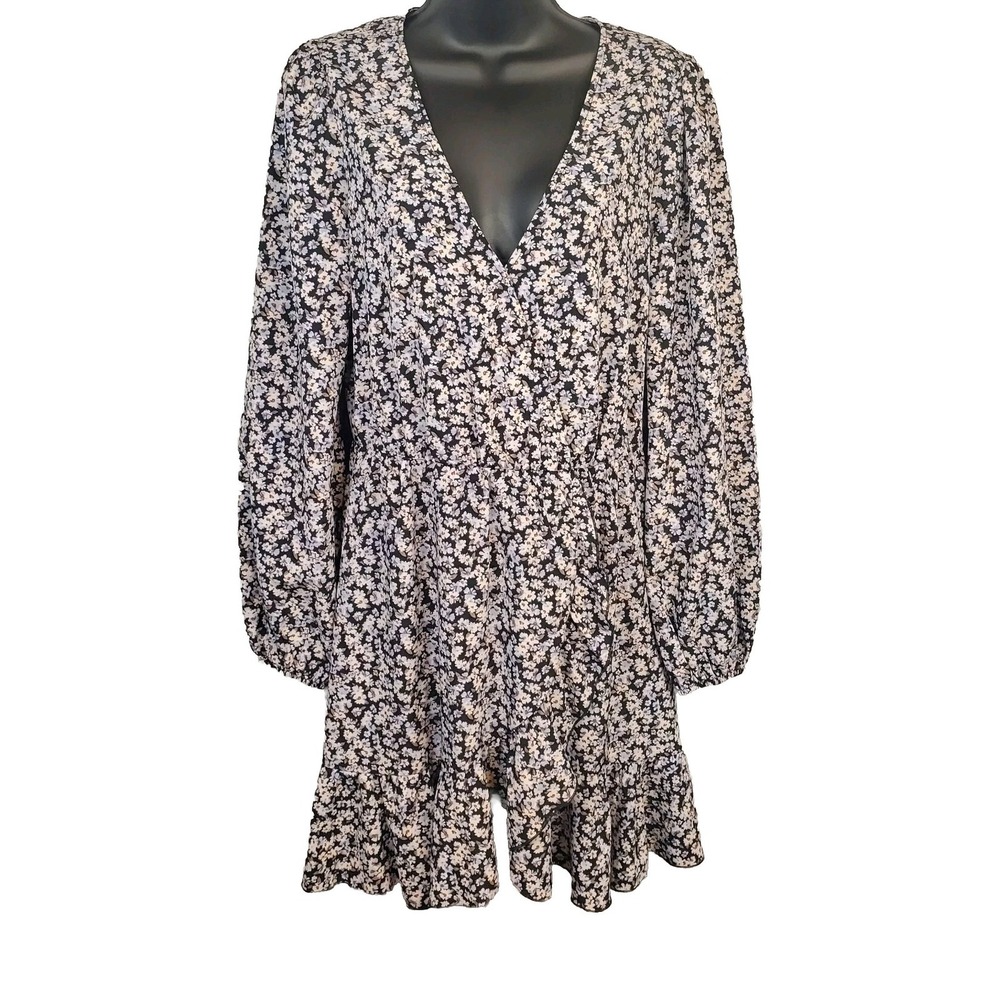 Abound‎ Black Floral Faux Wrap Tiered Dress Size S Long Sleeve Ruffle Hem Flirty